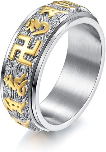 Buddhist Spinner Ring - Swastika & Om Mani Padme Hum Mantra Titanium Steel Lightweight Rotating Prayer Wheel Jewelry for Men Women in Saudi Arabia