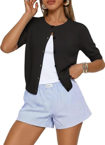 GRACE KARIN Short Sleeve Cardigans for Women, Spring Cropped Cotton Sweaters, Trendy Crew Neck Button Up Tops Casual, in Saudi Arabia