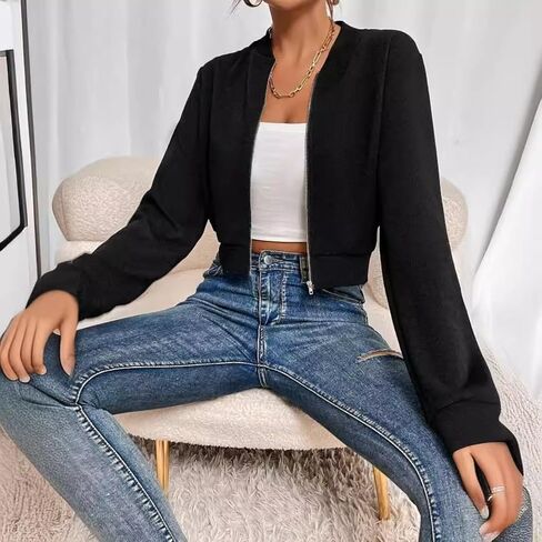 Women Zipper Bomber Sweater Shirt Cropped Lightweight Ribbed Hem Fall Winter Street Ready Travel in Saudi Arabia
