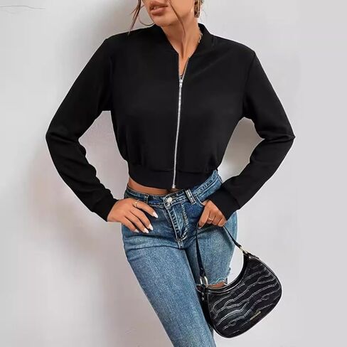 Women Zipper Bomber Sweater Shirt Cropped Lightweight Ribbed Hem Fall Winter Street Ready Travel in Saudi Arabia