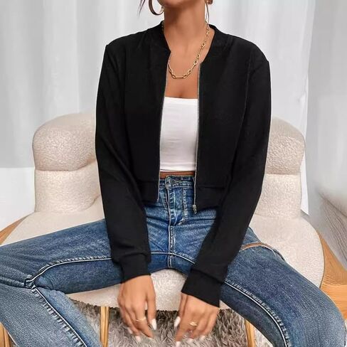 Women Zipper Bomber Sweater Shirt Cropped Lightweight Ribbed Hem Fall Winter Street Ready Travel in Saudi Arabia