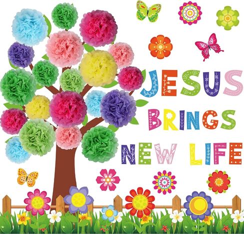 Pajean Spring Christian Bulletin Board Set with 3D Tissue Paper Flowers Jesus Brings New Life Classroom Decorations Christian Tree Bulletin Board Paper Cutouts for Sunday School Church Decor Supplies in Saudi Arabia