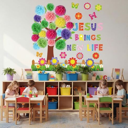 Pajean Spring Christian Bulletin Board Set with 3D Tissue Paper Flowers Jesus Brings New Life Classroom Decorations Christian Tree Bulletin Board Paper Cutouts for Sunday School Church Decor Supplies in Saudi Arabia