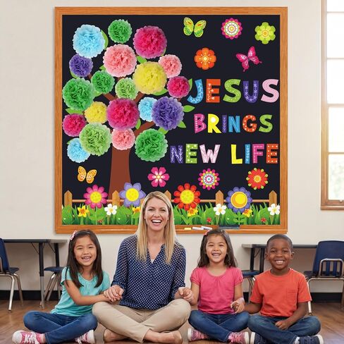 Pajean Spring Christian Bulletin Board Set with 3D Tissue Paper Flowers Jesus Brings New Life Classroom Decorations Christian Tree Bulletin Board Paper Cutouts for Sunday School Church Decor Supplies in Saudi Arabia