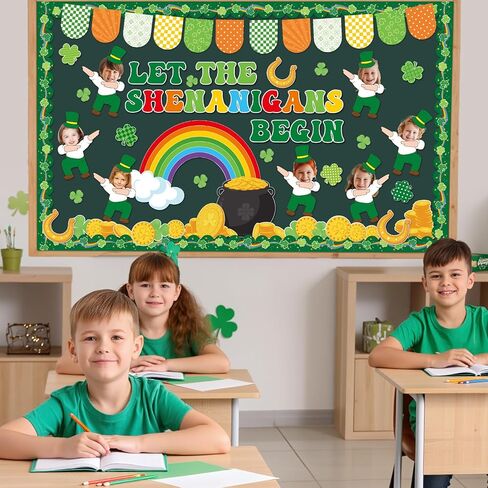St. Patrick's Day Bulletin Board Decoration Leprechaun Mischief Clover DIY Photo Paper Cutouts Green Lucky Shamrock Rainbow Bulletin Board for Irish Holiday Home Classroom School Chalkboard Wall Decor in Saudi Arabia