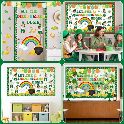 St. Patrick's Day Bulletin Board Decoration Leprechaun Mischief Clover DIY Photo Paper Cutouts Green Lucky Shamrock Rainbow Bulletin Board for Irish Holiday Home Classroom School Chalkboard Wall Decor in Saudi Arabia