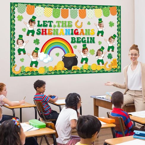 St. Patrick's Day Bulletin Board Decoration Leprechaun Mischief Clover DIY Photo Paper Cutouts Green Lucky Shamrock Rainbow Bulletin Board for Irish Holiday Home Classroom School Chalkboard Wall Decor in Saudi Arabia
