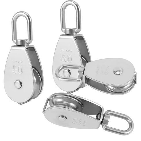 4 PCS M50 Loading 881Lbs / 400Kg Single Pulley Block, 304 Stainless Steel Single Pulley Roller with Rotatable 360°Pulley and Rings, Heavy Duty and Smooth Rope Pulley Block for Rope Lifting in Kuwait