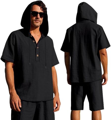 Men's 2 Piece Linen Outfits Short Sleeve Hooded Shirt and Beach Shorts Set Casual Summer Matching Set in Saudi Arabia