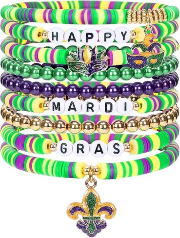 JULMELON 9 PCS Mardi Gras Bracelet for Women, Purple Green Gold Carnival Beaded Stackable Disc Bead Stretch Bracelets for Mardi Gras Accessories Party Jewelry Gifts in Saudi Arabia