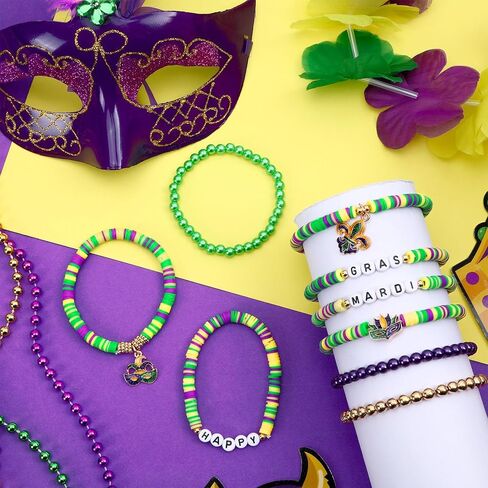 JULMELON 9 PCS Mardi Gras Bracelet for Women, Purple Green Gold Carnival Beaded Stackable Disc Bead Stretch Bracelets for Mardi Gras Accessories Party Jewelry Gifts in Saudi Arabia