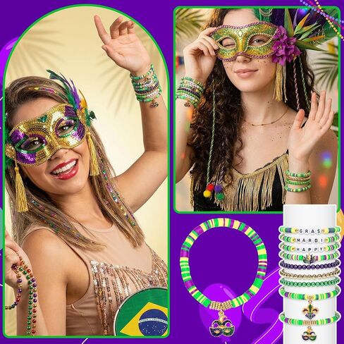 JULMELON 9 PCS Mardi Gras Bracelet for Women, Purple Green Gold Carnival Beaded Stackable Disc Bead Stretch Bracelets for Mardi Gras Accessories Party Jewelry Gifts in Saudi Arabia