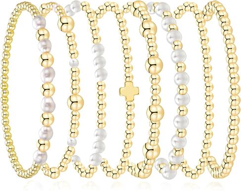 BOMAIL 8Pcs Gold Beaded Bracelet for Women - 14K Gold Plated Stackable Bracelets Set Adjustable Round Bead Ball Stretch Bracelet Stack Fashion Accessories Jewelry for Gifts in Saudi Arabia