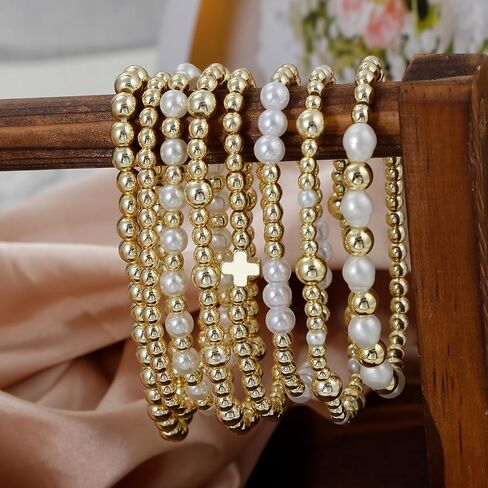 BOMAIL 8Pcs Gold Beaded Bracelet for Women - 14K Gold Plated Stackable Bracelets Set Adjustable Round Bead Ball Stretch Bracelet Stack Fashion Accessories Jewelry for Gifts in Saudi Arabia