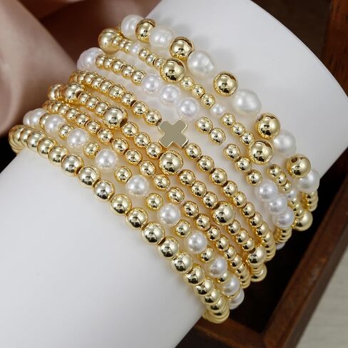 BOMAIL 8Pcs Gold Beaded Bracelet for Women - 14K Gold Plated Stackable Bracelets Set Adjustable Round Bead Ball Stretch Bracelet Stack Fashion Accessories Jewelry for Gifts in Saudi Arabia
