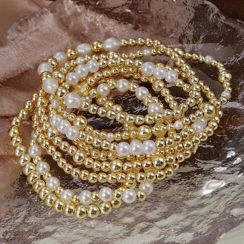 BOMAIL 8Pcs Gold Beaded Bracelet for Women - 14K Gold Plated Stackable Bracelets Set Adjustable Round Bead Ball Stretch Bracelet Stack Fashion Accessories Jewelry for Gifts in Saudi Arabia