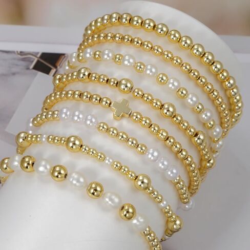 BOMAIL 8Pcs Gold Beaded Bracelet for Women - 14K Gold Plated Stackable Bracelets Set Adjustable Round Bead Ball Stretch Bracelet Stack Fashion Accessories Jewelry for Gifts in Saudi Arabia