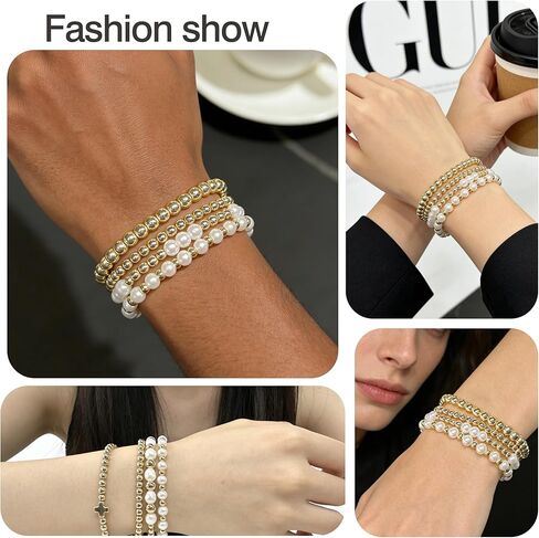 BOMAIL 8Pcs Gold Beaded Bracelet for Women - 14K Gold Plated Stackable Bracelets Set Adjustable Round Bead Ball Stretch Bracelet Stack Fashion Accessories Jewelry for Gifts in Saudi Arabia