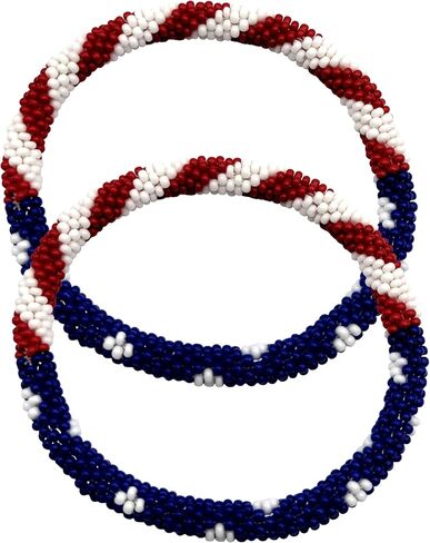 أساور مطرزة بالزجاج مصنوعة يدويًا، تصميم العلم الأمريكي، لون وطني أحمر وأبيض وأزرق، سوار/أساور كروشيه نيبالية رول أون بوهو، خرزة بذور كروشيه 7 بوصة، مجموعة من 2، للبالغين من الجنسين in Kuwait