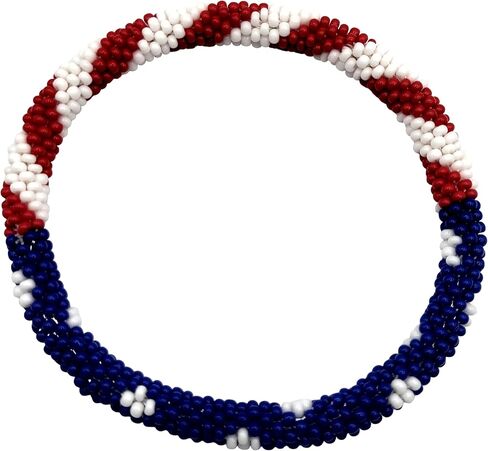 أساور مطرزة بالزجاج مصنوعة يدويًا، تصميم العلم الأمريكي، لون وطني أحمر وأبيض وأزرق، سوار/أساور كروشيه نيبالية رول أون بوهو، خرزة بذور كروشيه 7 بوصة، مجموعة من 2، للبالغين من الجنسين in Kuwait