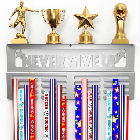 Medal Hanger Display with Trophy Shelf - Metal Awards Rack for Walls Holds 64+ Sports Medals- Our Never Give Up 16" Medal Holder Includes 10 Inspirational Stickers in Kuwait