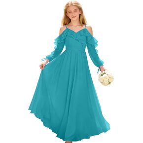 Junior Bridesmaid Dress Chiffon Spaghetti Strap Long Sleeve V-Back Ruffle Formal Wedding Flower Girl Dresses 6-18Y in Saudi Arabia