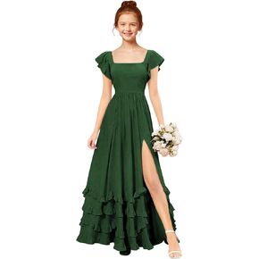 فساتين وصيفة الشرف للصغار من الشيفون المتدرج مع فتحة رقبة مربعة طويلة للفتيات فستان رسمي طويل على شكل حرف A in Kuwait