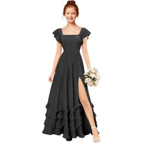 Tiered Chiffon Junior Bridesmaid Dresses with Slit Square Neck Long Girls Formal Maxi Dress A Line in Kuwait