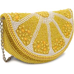 LONGING TO BUY محفظة كلاتش مطرزة بشرائح الليمون، حقيبة سهرة صفراء مع حزام سلسلة، تصميم مبتكر على شكل فاكهة in Kuwait