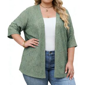 سترة نسائية صيفية خفيفة الوزن بمقاس كبير نصف كم من نسيج الجاكار مفتوحة من الأمام كيمونو كارديجان (1X-5X) in Kuwait