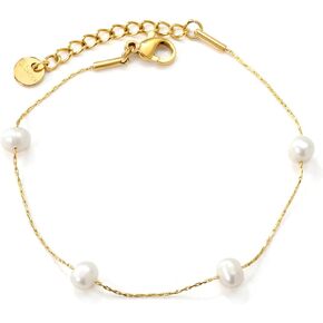 Dainty Freshwater Pearl Bracelet for Women, 18K Gold Plated Stainless Steel Beaded Chain with 4 Natural Pearls, Elegant Handmade Jewelry Gift for Her, Trendy Everyday Wear Accessory in Saudi Arabia