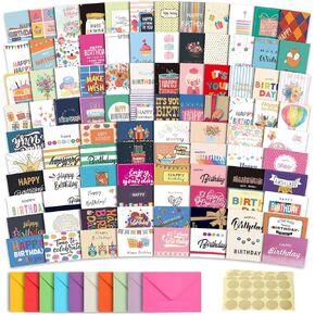100 Unique Birthday Cards with Envelopes - Assorted Happy Birthday Cards, 4 x 6 inches, Envelopes & Stickers in Bulk Boxed Set in Kuwait