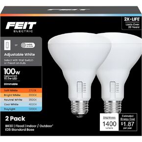 مصابيح إضاءة LED كهربائية BR30 من Feit، ما يعادل 100 وات، قابلة للتعتيم، قاعدة قياسية E26، 80 CRI، 1400 لومن، ضوء نهاري 5000 كلفن، 120 فولت، عمر 10 سنوات، تصنيف رطب، 6 عبوات، 100BR30DM85010KLED/6 in Kuwait