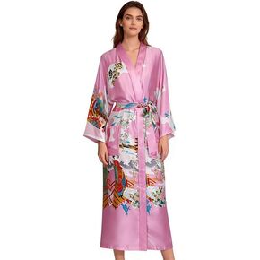 رداء كيمونو طويل من الساتان للنساء رداء حمام حريري مزين بالزهور وخفيف الوزن لملابس نوم وصيفة العروس والزفاف in Kuwait