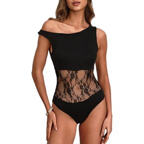 Women's Sexy Off The Shoulder Bodysuit Sleeveless Cut Out Lace Body Suits Leotard Tank Tops in Kuwait