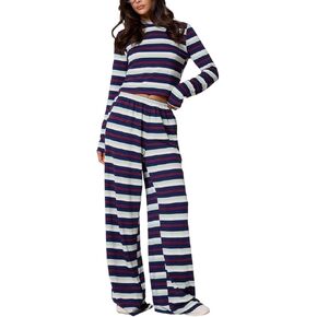 ROAONOCOMO Women Y2K Floral 2 Piece Lounge Set Long Sleeve Fitted Tee Shirt Top Wide Leg Long Pants Cute Pajama Outfit in Saudi Arabia