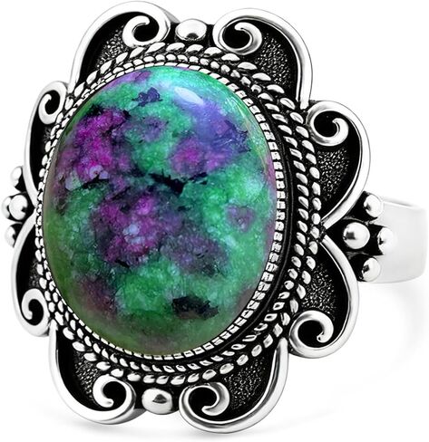 Natural Stone Wide Ring,Retro 925 Sterling Silver Antique Vintage Real Genuine Oval Crystal Quartz Stone Gemstone Bobo Bohemian Statement Chunky Ring Jewelry for Women in Saudi Arabia