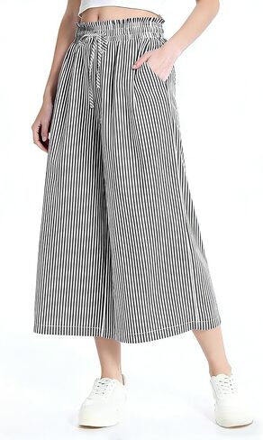 Rapbin Wide Leg Capri Pants for Women Gingham Striped Culottes Flowy Elastic Waist Cropped Palazzo Pants with Pockets in Saudi Arabia