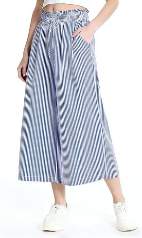 Rapbin Wide Leg Capri Pants for Women Gingham Striped Culottes Flowy Elastic Waist Cropped Palazzo Pants with Pockets in Saudi Arabia