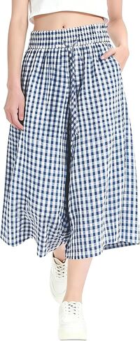 Rapbin Wide Leg Capri Pants for Women Gingham Striped Culottes Flowy Elastic Waist Cropped Palazzo Pants with Pockets in Saudi Arabia