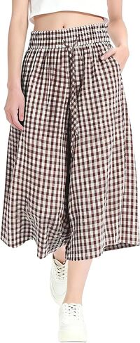 Rapbin Wide Leg Capri Pants for Women Gingham Striped Culottes Flowy Elastic Waist Cropped Palazzo Pants with Pockets in Saudi Arabia