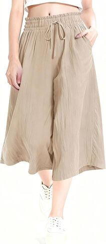 Rapbin Wide Leg Capri Pants for Women Gingham Striped Culottes Flowy Elastic Waist Cropped Palazzo Pants with Pockets in Saudi Arabia