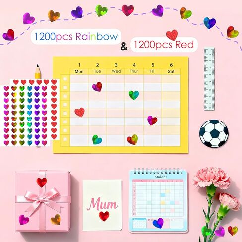 2400 قطعة من ملصقات القلب اللامعة الصغيرة مقاس 0.5 بوصة، ملصق قلوب ثلاثية الأبعاد صغيرة للأطفال مخطط مكافآت الفصل الدراسي، ملصقات حب حمراء قزحية صغيرة لتقويم مغلف عيد الحب in Kuwait