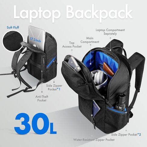 hk Waterproof Travel Backpack for Men – Lightweight 30L Laptop Backpack with 17.3" Compartment, Anti Theft Black Bag for Work, College, Hiking, Carry-On Use in Kuwait