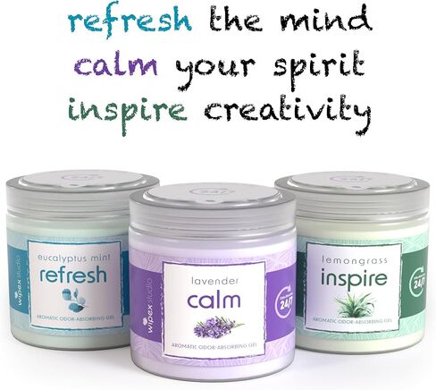 مجموعة متنوعة من مرطبان جل مزيل الرائحة من ويبيكس، 3 عبوات - مزيل الرائحة للمنزل، ممتص للرائحة مع عشب الليمون الملهم، والأوكالبتوس المنعش والنعناع، ​​ورائحة اللافندر الهادئة، 3 عبوات in Kuwait