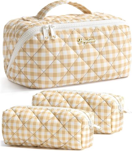 حقيبة مكياج للسفر، 3 قطع حقيبة أدوات الزينة المنتفخة ذات سعة كبيرة للنساء، منظم مستحضرات التجميل مفتوح ومسطح مع مقبض وفاصل شفاف وحقيبة محمولة مقاومة للماء وأساسيات السفر، وردي وردي L in Kuwait