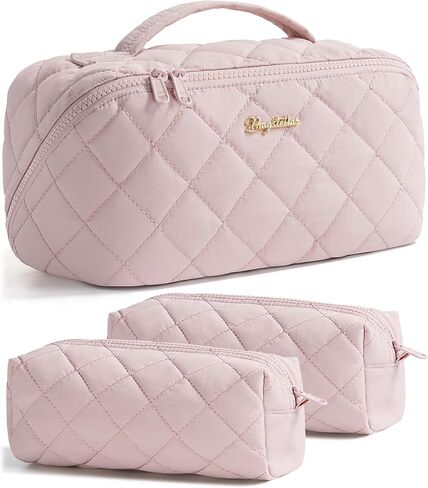 Travel Makeup Bag, 3 Pcs Large Capacity Puffy Toiletry Bag for Women, Open Flat Make up Cosmetic Organizer w/Handle & Clear Divider Water-resistant Portable Pouch Travel Essentials, L-Pink Rose in Kuwait