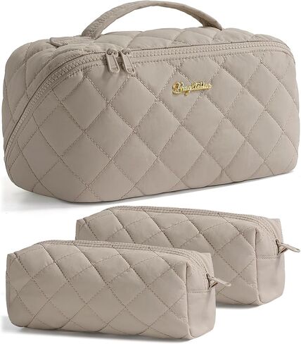 Travel Makeup Bag, 3 Pcs Large Capacity Puffy Toiletry Bag for Women, Open Flat Make up Cosmetic Organizer w/Handle & Clear Divider Water-resistant Portable Pouch Travel Essentials, L-Pink Rose in Kuwait