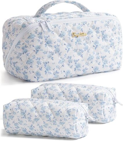 Travel Makeup Bag, 3 Pcs Large Capacity Puffy Toiletry Bag for Women, Open Flat Make up Cosmetic Organizer w/Handle & Clear Divider Water-resistant Portable Pouch Travel Essentials, L-Pink Rose in Kuwait