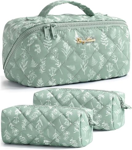 Travel Makeup Bag, 3 Pcs Large Capacity Puffy Toiletry Bag for Women, Open Flat Make up Cosmetic Organizer w/Handle & Clear Divider Water-resistant Portable Pouch Travel Essentials, L-Pink Rose in Kuwait